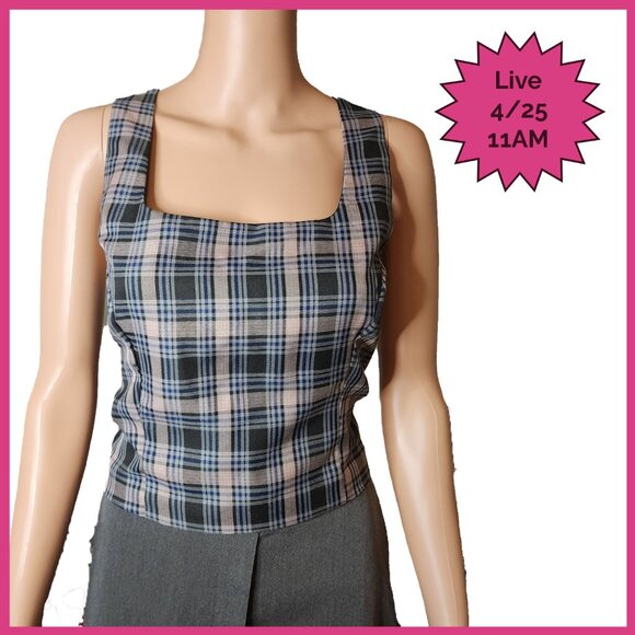 Ultra Pink Square Neck Plaid Tank NWOT Gray Large - Picture 1 of 9